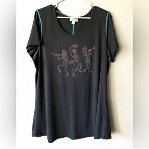 One World Rhinestone Indie Whimsigoth‎ Skeleton Band Short Sleeve Black Top XXL